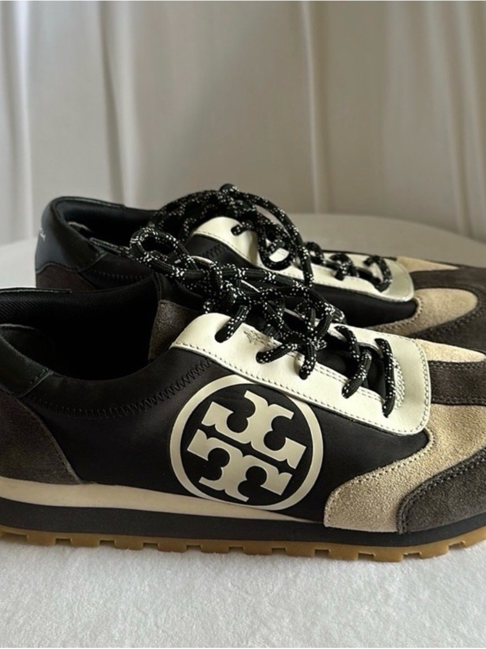 Tory Burch Black, Cream & Brown Logo Lace-Up Sneakers